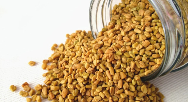 fenugreek seeds pouring out of a jar